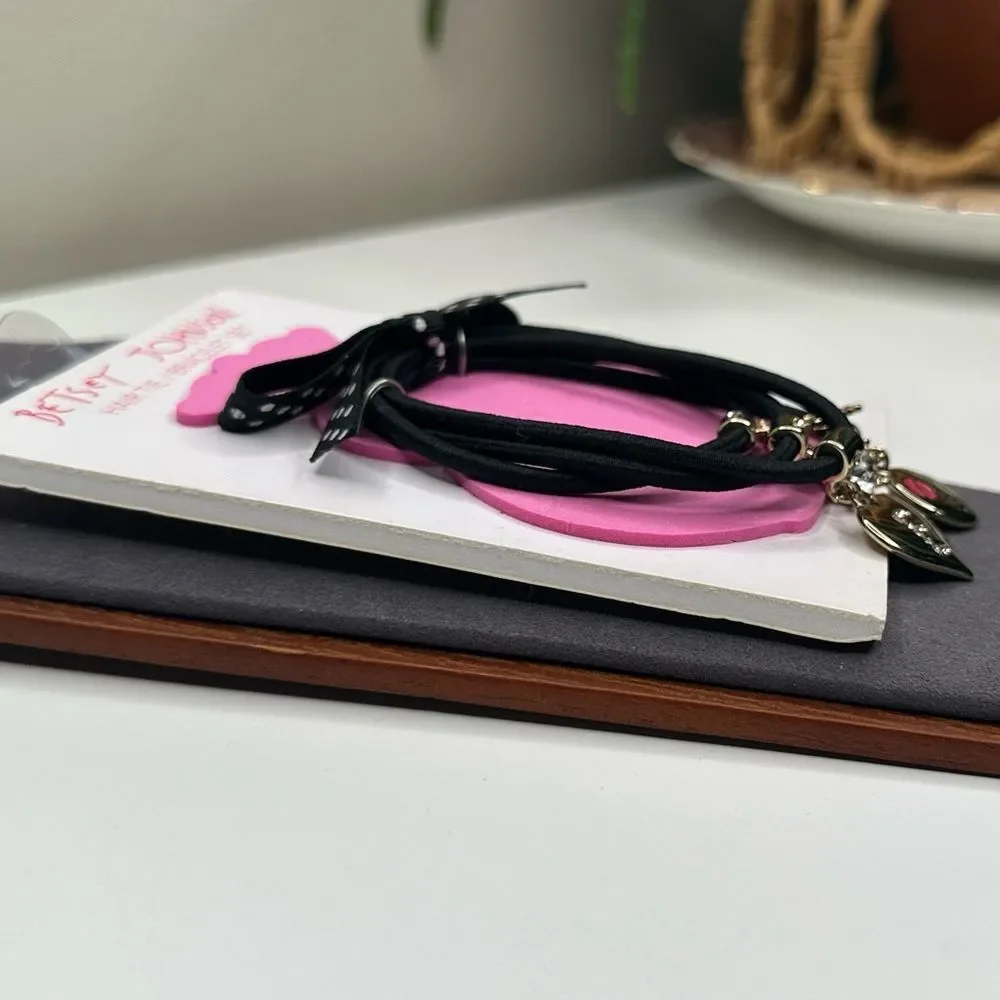 Betsey Johnson Hair Tie Bracelet Set | Black with Gold & Crystal Charms | NWT